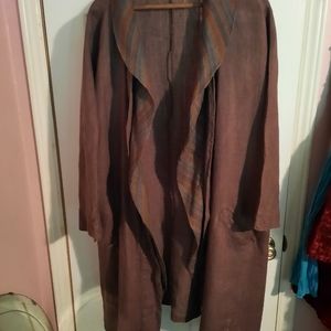 FLAX Duster.  Mocha w/striped ruffle front.